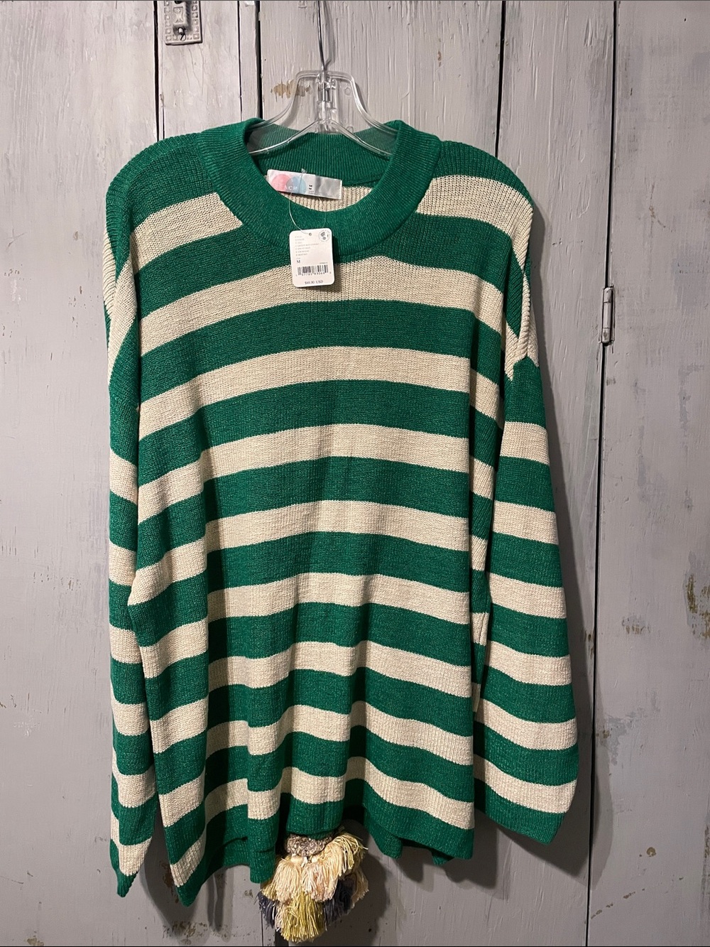 Free People Green and Cream Striped Crewneck Sweater